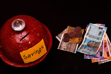 Traditional Indian Piggy Bank with Indian Currency Notes and Coins