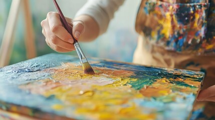 An artist experimenting with new painting techniques in a studio filled with canvas and brushes