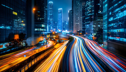 Obraz premium A bustling city at night, with skyscrapers illuminated and traffic creating streaks of light