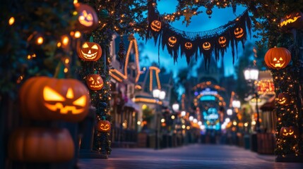 The street is adorned with glowing jack-o'-lanterns and hanging decorations as twilight sets in. Visitors enjoy the festive atmosphere, surrounded by shimmering lights and themed decor.