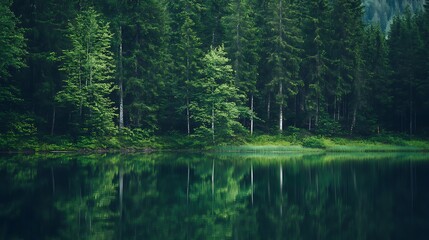 Obraz premium A serene lake reflecting the lush greenery of a dense forest.