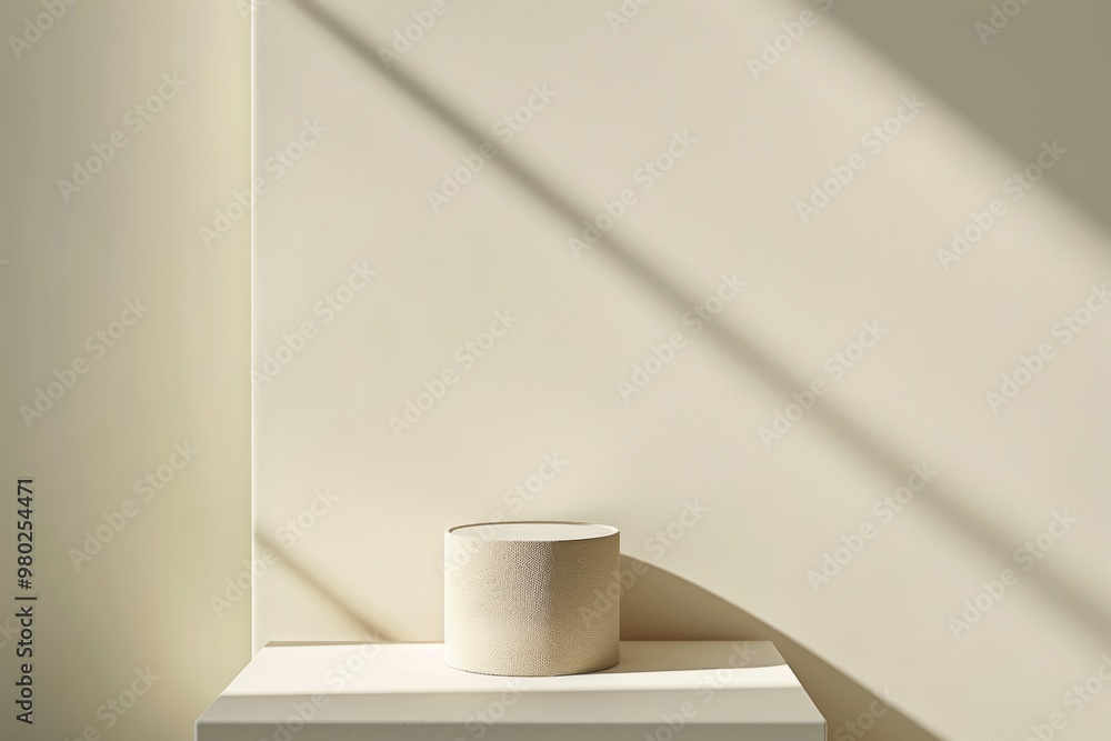 Poster minimalist beige podium on white background with soft shadows and diffused natural light