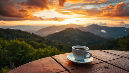 Cup of Coffee on a Wooden Table Overlooking a Scenic Mountain View