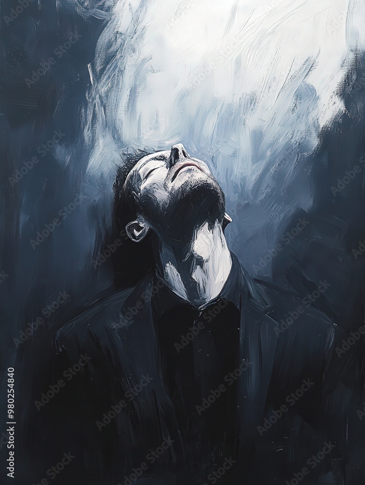 Poster a contemplative figure exhaling with deep thought, surrounded by an abstract smoky atmosphere, evoki