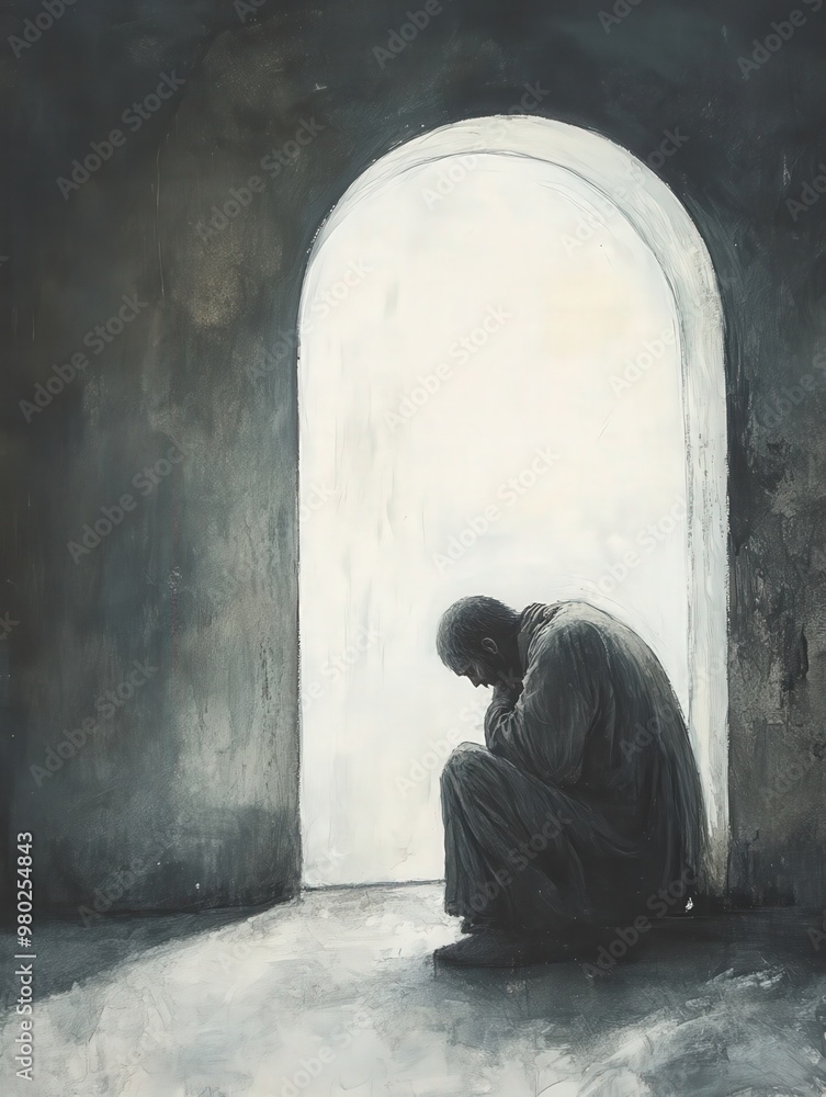 Poster a contemplative figure in solitude, expressing deep emotions in a dimly lit space, evoking feelings 
