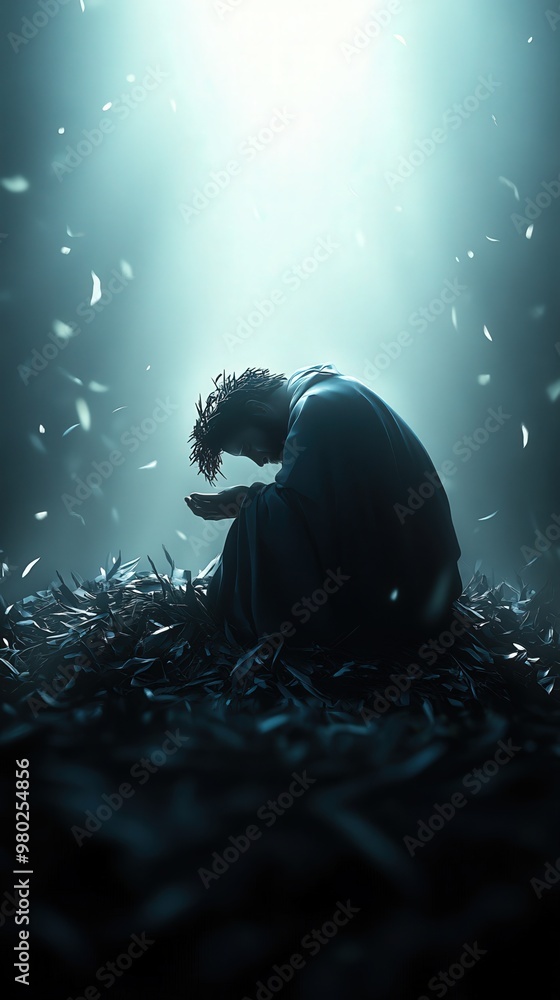 Poster A contemplative figure sits in a dark space, surrounded by feathers, with a soft light illuminating an atmosphere of introspection.