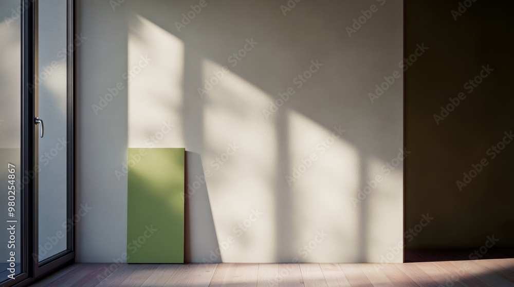 Poster modern minimalist interior with empty concrete wall and green panel in soft diffused natural light