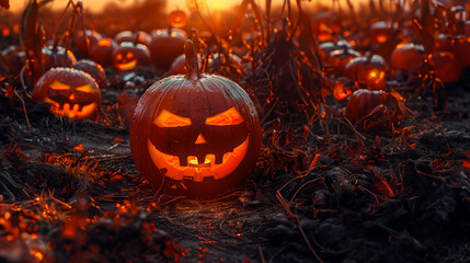 Fototapeta premium Shining carved Halloween pumpkins lying on the harvested field in autumn at night. Concept of Halloween celebration, Trick or Treat and season.