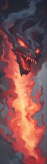 A dramatic fantasy illustration featuring a fiery dragon head emerging from swirling smoke and flames, evoking a sense of danger.