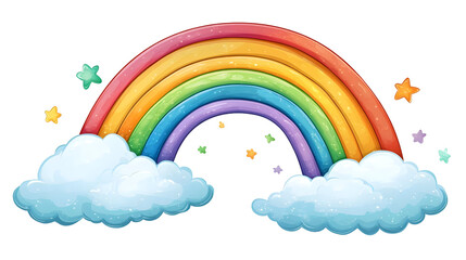 A vibrant rainbow arches over fluffy clouds, adding a whimsical touch to any design with its cheerful colors and playful stars.
