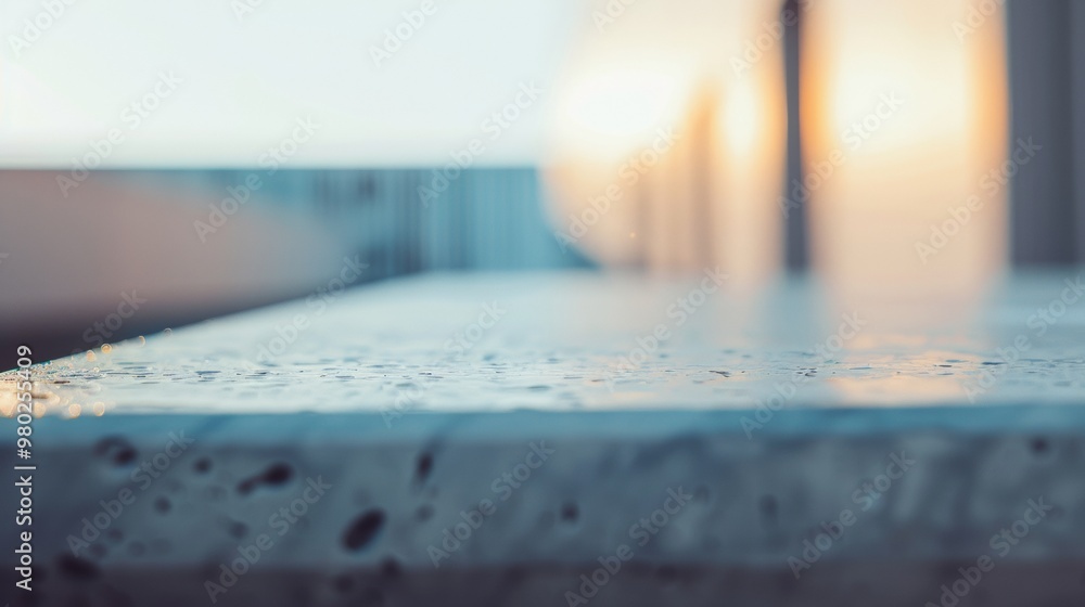 Poster minimalist soft white concrete table with diffused lighting and blurred modern indoor background