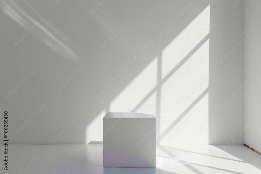 Poster minimalist white holographic podium mockup with diffused natural light and soft shadows on monochrom