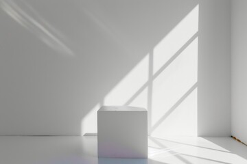 Obraz premium Minimalist White Holographic Podium Mockup with Diffused Natural Light and Soft Shadows on Monochromatic Background