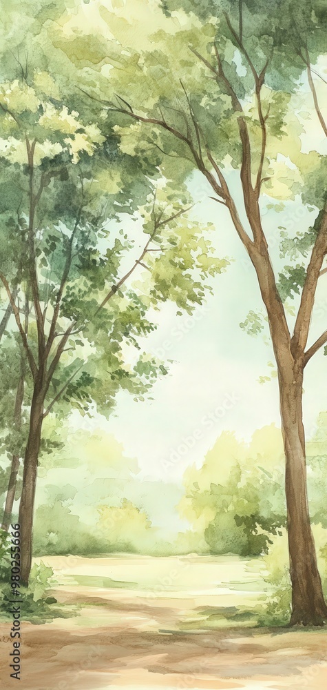 Poster a peaceful forest scene featuring tall trees and soft sunlight filtering through the leaves, creatin