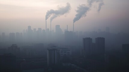 An industrial area with thick smog covering the skyline, showing the severe impact of pollution and the neglect of environmental health.