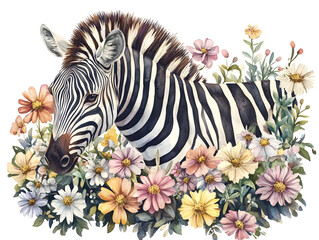 A vibrant zebra surrounded by colorful flowers, showcasing the beauty of nature and wildlife in a whimsical illustration.