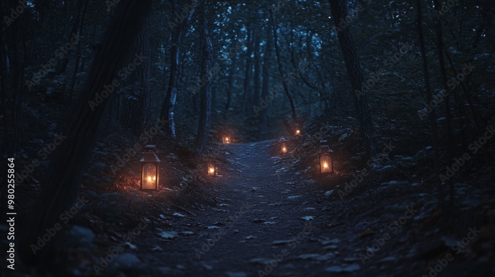 Poster A dirt path winds through a forest at night. The path is lit by several lanterns, which are placed along the sides of the path. The trees are tall and dark, and the air is thick with mystery.