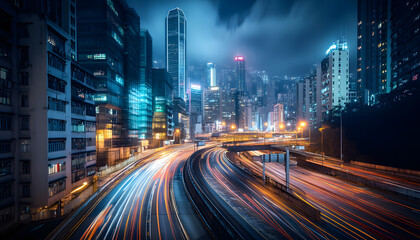 Obraz premium A bustling city at night, with skyscrapers illuminated and traffic creating streaks of light