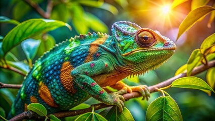 Obraz premium Vibrant chameleon blends seamlessly into lush foliage, its color-changing skin mirroring the emerald hues of surrounding leaves as it lounges peacefully on a sun-dappled branch.