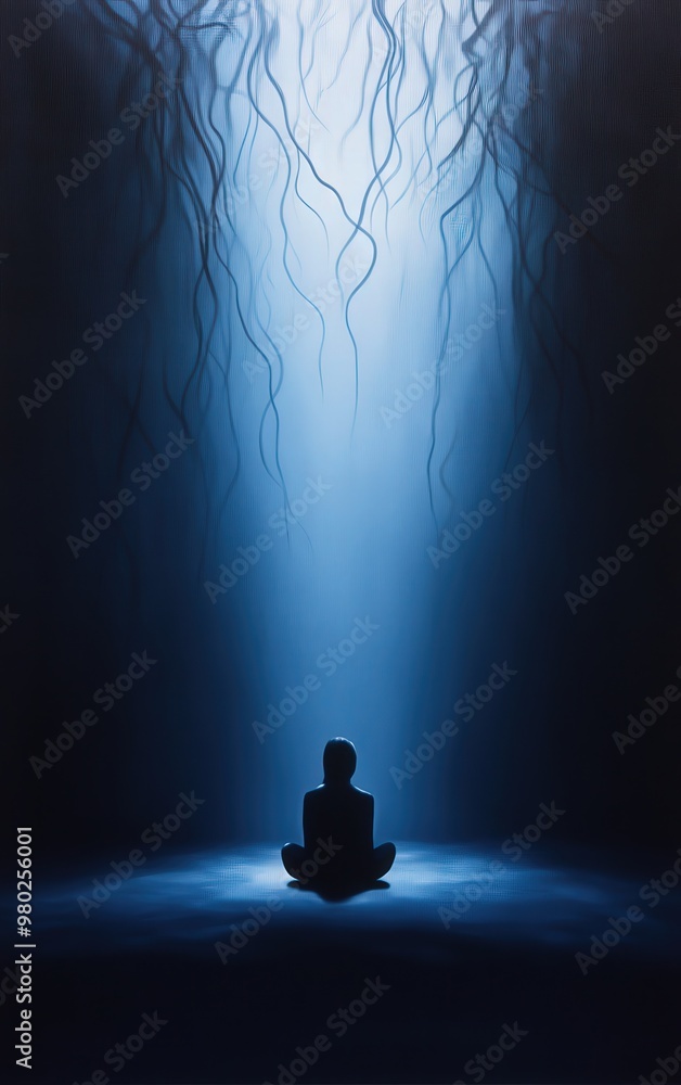 Poster a serene figure meditating in a dark environment, illuminated by soft blue light, creating a tranqui