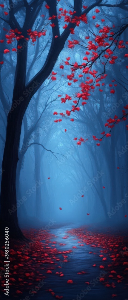 Poster a serene forest scene with delicate red leaves falling amidst a misty blue backdrop, creating a myst