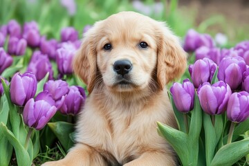 Golden retriever puppy with purple tulips with generative ai