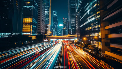 Naklejka premium A bustling city at night, with skyscrapers illuminated and traffic creating streaks of light