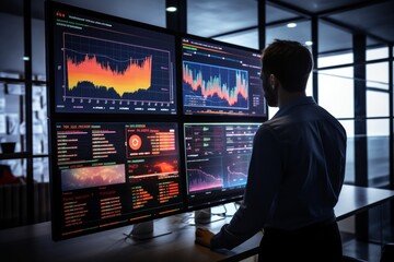 A business analyst is focused on analyzing various data visualizations displayed on large monitors in a sleek, contemporary office setting during the day