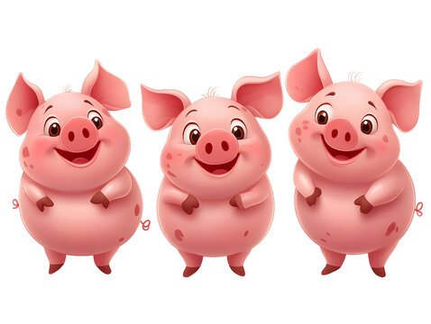 Cheerful cartoon pigs standing in a row, showcasing their playful and friendly nature, perfect for children's illustrations.