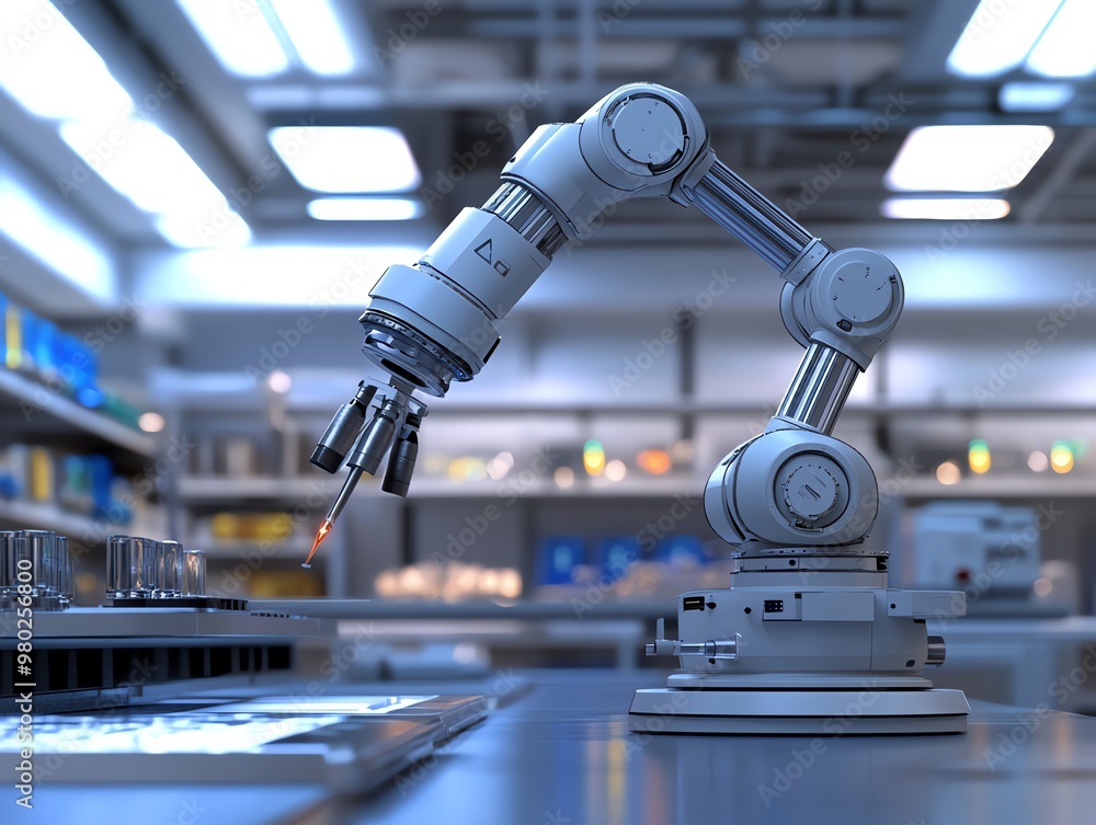 Poster robotic arm with a laser pointer in a laboratory setting.