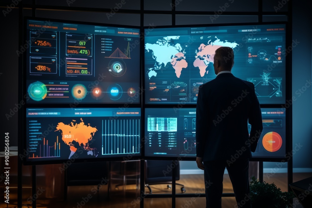 Poster a business professional in a suit stands in an office, examining various digital displays showing gl