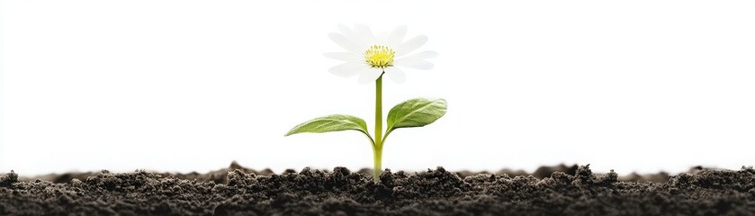 A single daisy flower emerging from rich, dark soil, symbolizing growth, resilience, and the beauty of nature.