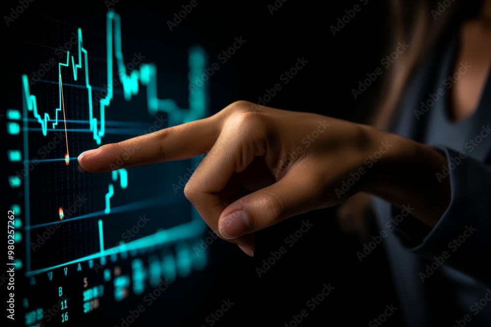 Poster a hand points at stock market graphs displayed on a digital screen, highlighting data trends and flu