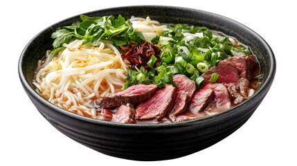 Delicious bowl of gourmet beef pho topped with fresh herbs, bean sprouts, and green onions, perfect for food enthusiasts.