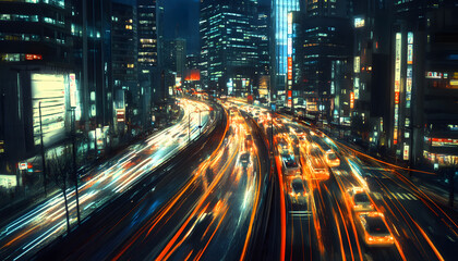 Naklejka premium A bustling city at night, with skyscrapers illuminated and traffic creating streaks of light