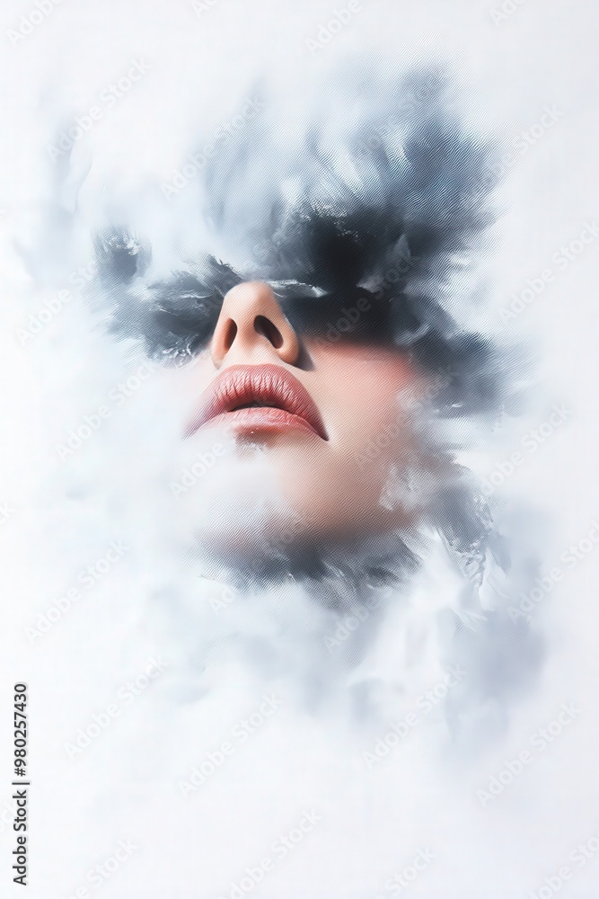Poster a surreal portrait featuring a serene face emerging from soft clouds, evoking feelings of tranquilit