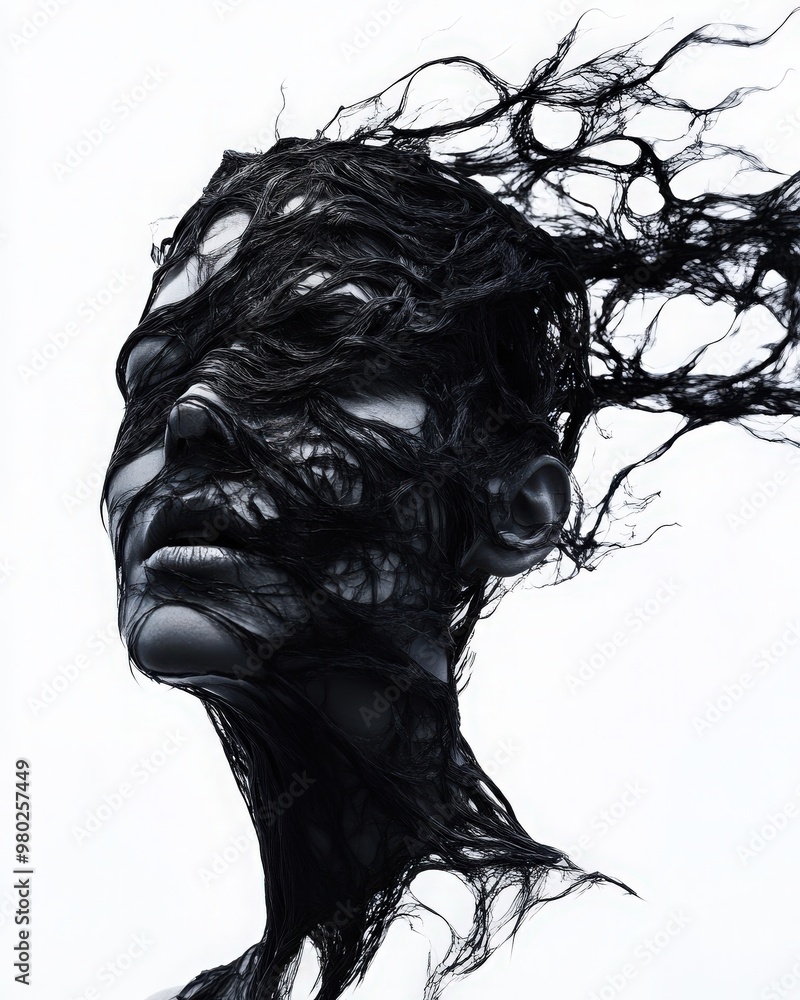 Poster a surreal portrait of a face intertwined with flowing black strands, symbolizing emotion and the int