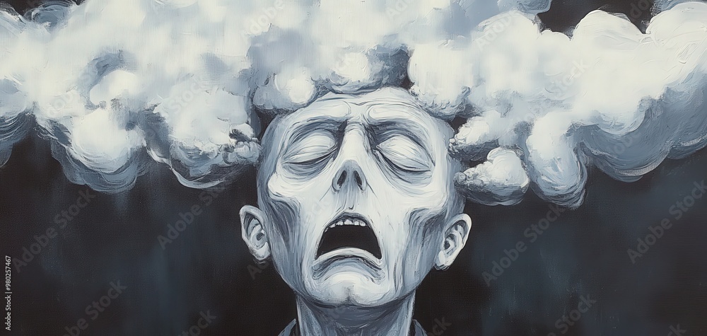 Poster a surreal portrait of a skull-faced figure with clouds emanating from the head, symbolizing thoughts