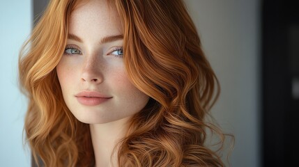 Naklejka premium Beautiful woman with long, wavy hair holding a curling iron.