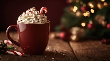 Hot chocolate with whipped cream and candy cane on a wooden table, with a deep maroon background...