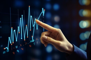 A hand points at a digital chart displaying fluctuating market trends. The setting suggests an evening environment, indicating ongoing analysis and planning