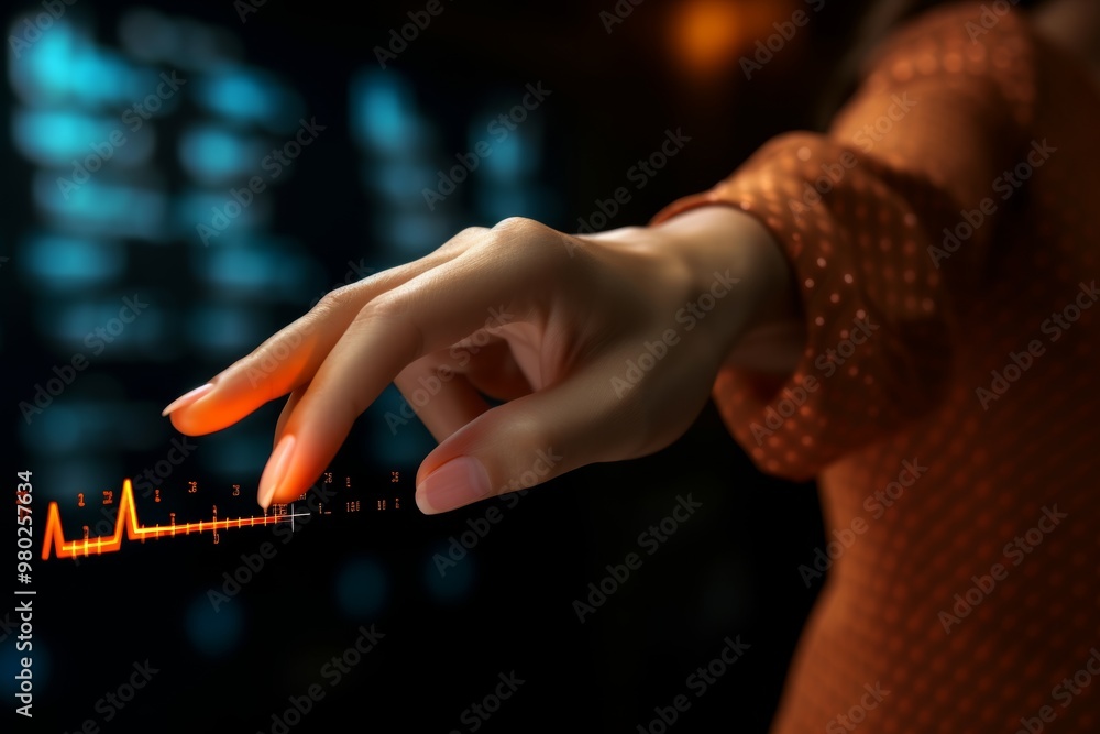 Poster a hand reaches out to touch glowing data visualizations in a dark office environment. the interface 