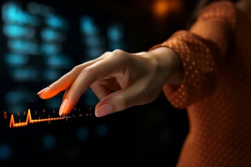 A hand reaches out to touch glowing data visualizations in a dark office environment. The interface shows various metrics, highlighting a blend of technology and human interaction