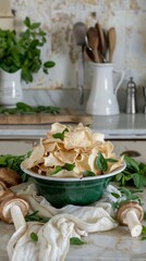 Trendy Kitchen with Bowl of Mushroom Chips and Fresh Ingredients