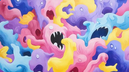 Colorful abstract artwork featuring whimsical creatures in vibrant pink, blue, and yellow hues, evoking playful emotions and movement.
