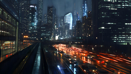 Obraz premium A bustling city at night, with skyscrapers illuminated and traffic creating streaks of light