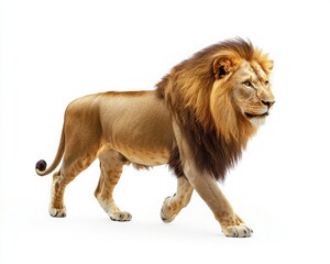 Obraz premium Majestic lion walking gracefully, showcasing its powerful stature and stunning mane in a pristine white background.