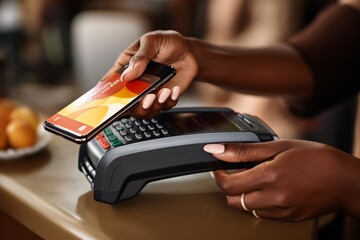 A person is holding a smartphone over a payment terminal to complete a contactless transaction at a cafe. The atmosphere is lively, indicating a bustling afternoon