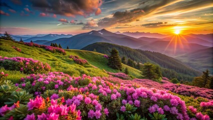 Fototapeta premium Vibrant pink rhododendrons bloom amidst lush greenery, set against a breathtaking backdrop of warm orange and pink hues of a serene Carpathian Mountains sunset.