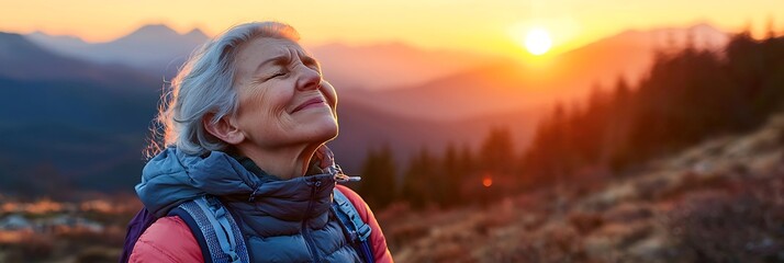 Senior hiker feels the joy of fresh mountain air at sunrise.